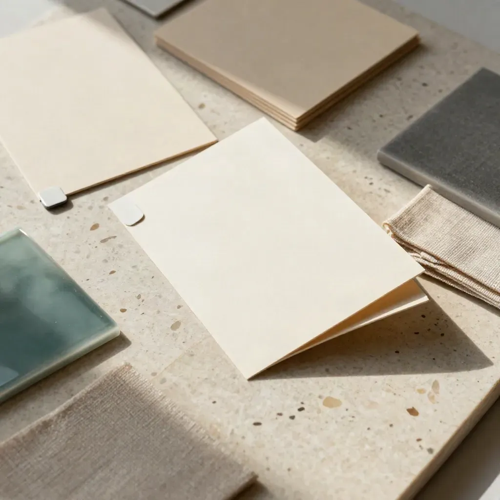 Overhead content-planning board of cards, fabric swatches, and teal tiles on travertine