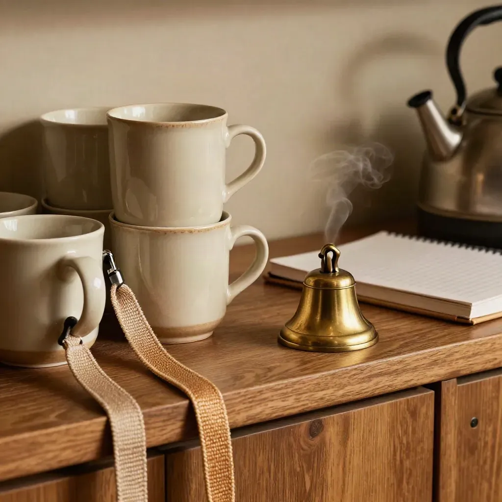 Brass bell, mugs, lanyards, and notebook on a warm wooden welcome shelf with steam.