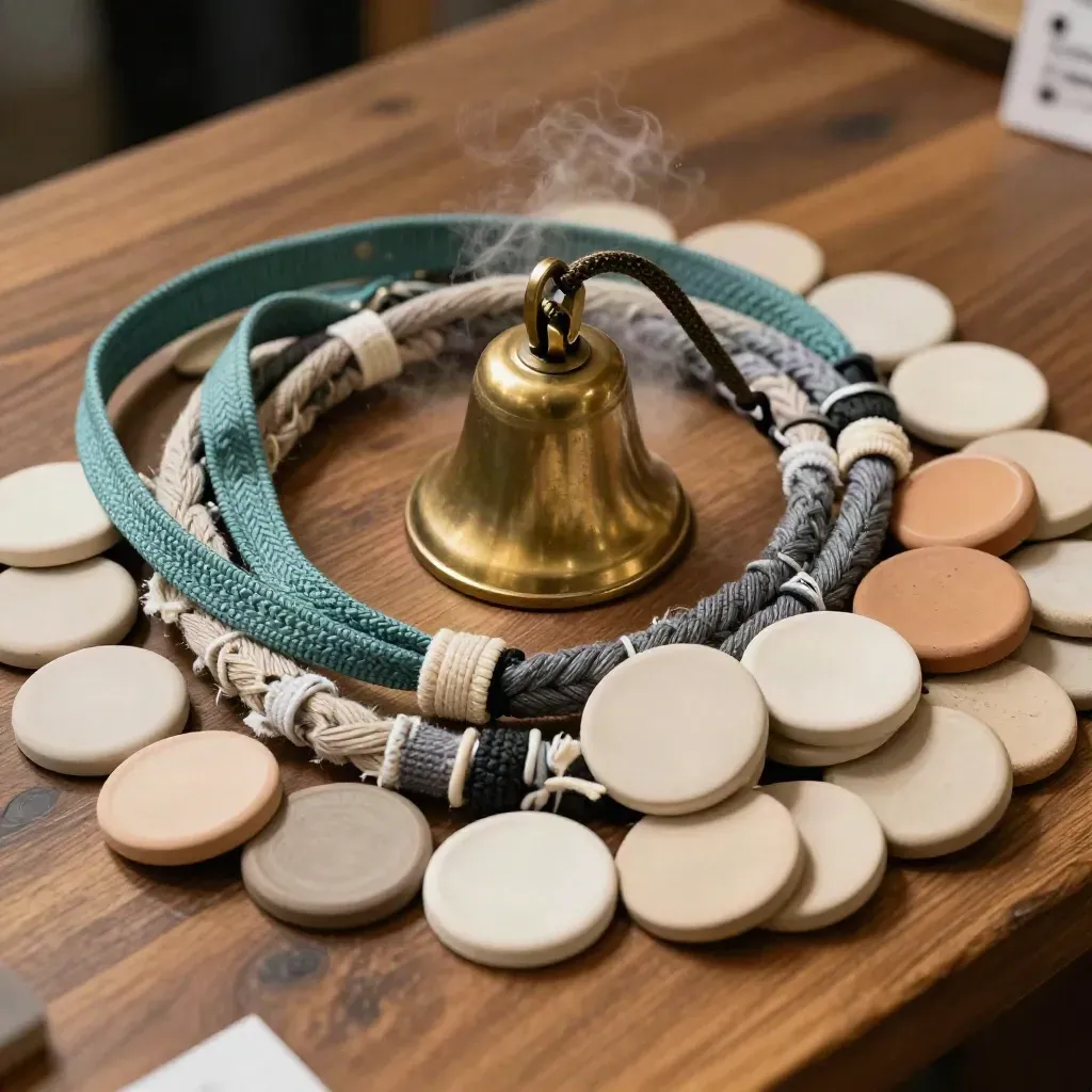 Macro of wristbands, lanyard cords, brass bell and ceramic tokens on walnut.